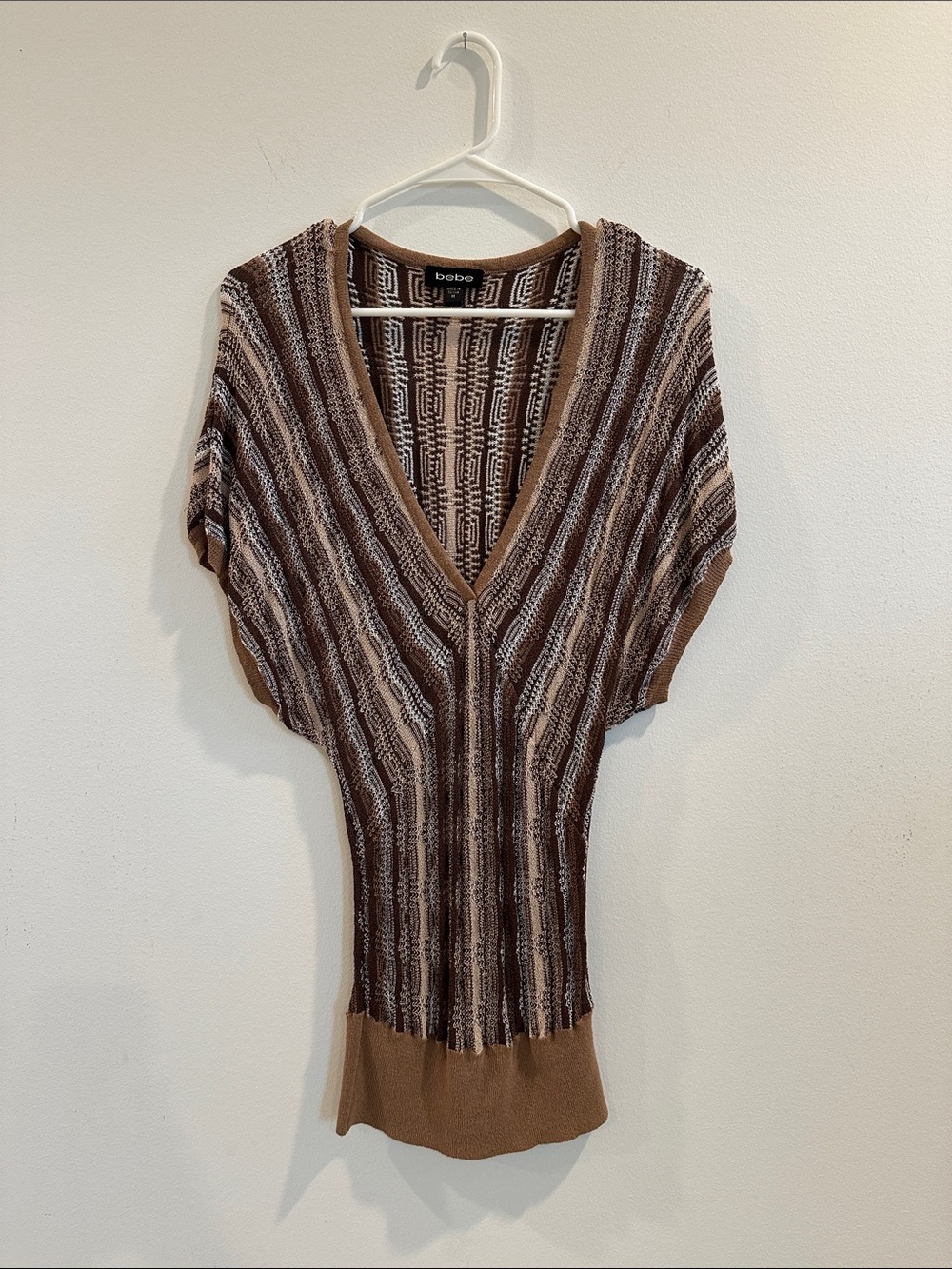 bebe Brown, Cream & Tan Striped V-Neck Sweater
